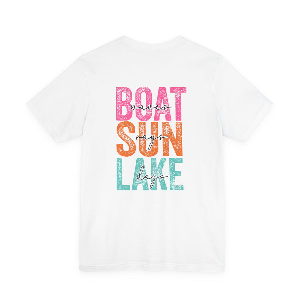 Boat Sun Lake Graphic Tee — Smile Waves Chest Logo