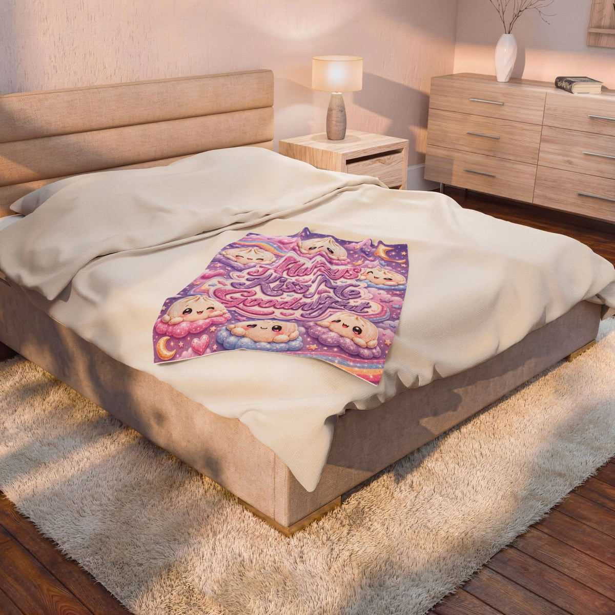 Velveteen Plush Blanket — "Always Kiss Me Goodnight" Cute Dumpling Night Sky Throw