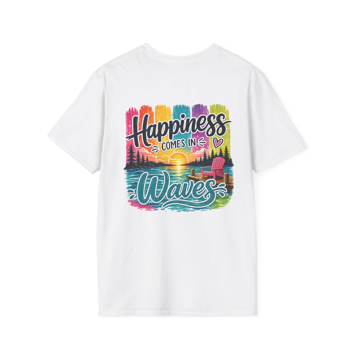 Happiness Comes in Waves T-Shirt- Colorful Lake & Beach Graphic Tee