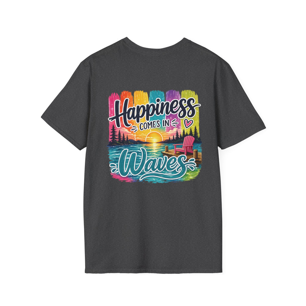 Happiness Comes in Waves T-Shirt- Colorful Lake & Beach Graphic Tee