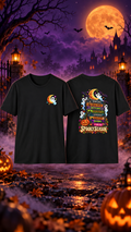 Spooky Season Halloween T-Shirt — Stack of Witchy Books Pumpkin & Moon Design