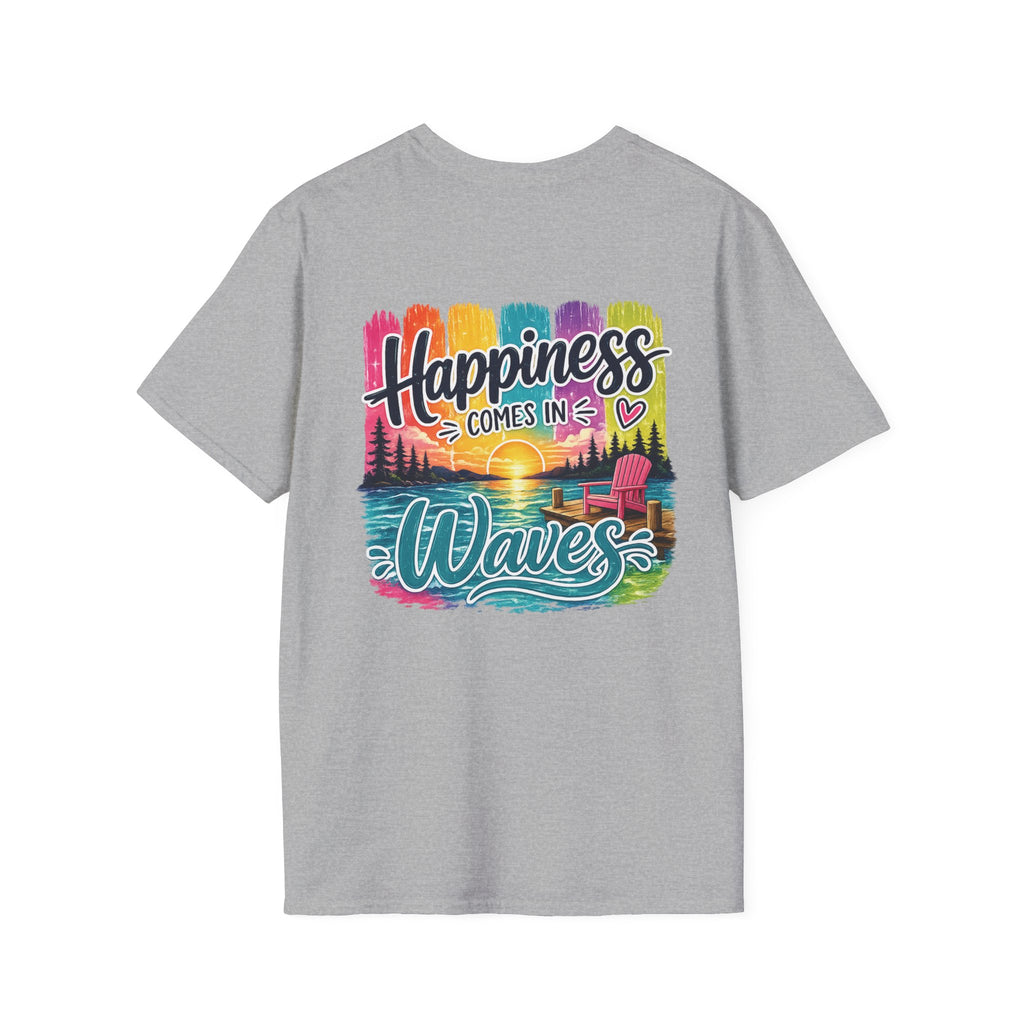 Happiness Comes in Waves T-Shirt- Colorful Lake & Beach Graphic Tee