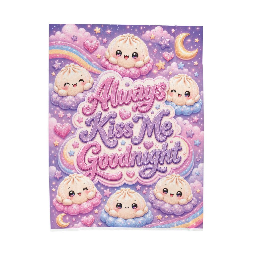 Velveteen Plush Blanket — "Always Kiss Me Goodnight" Cute Dumpling Night Sky Throw