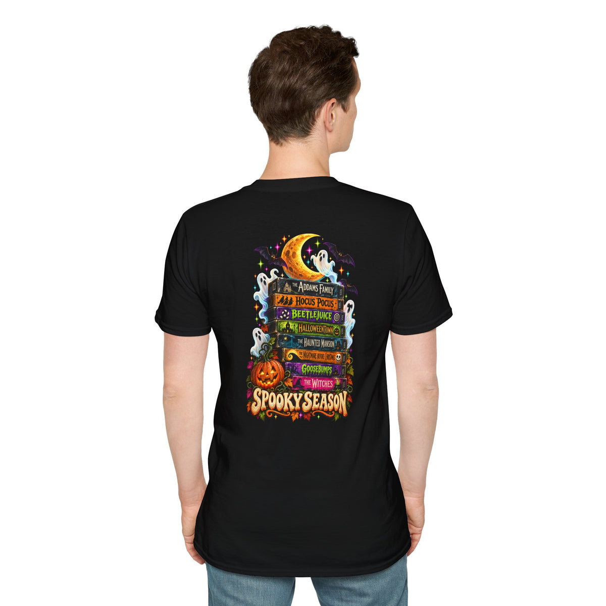 Spooky Season Halloween T-Shirt — Stack of Witchy Books Pumpkin & Moon Design