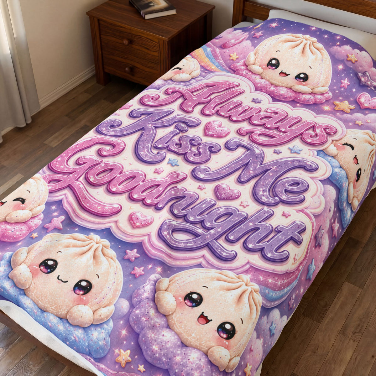 Velveteen Plush Blanket — "Always Kiss Me Goodnight" Cute Dumpling Night Sky Throw