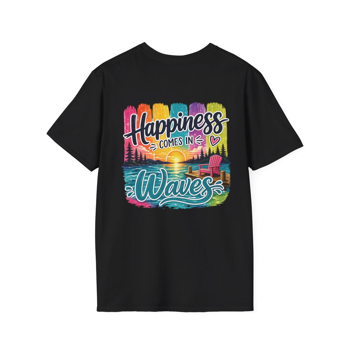 Happiness Comes in Waves T-Shirt- Colorful Lake & Beach Graphic Tee